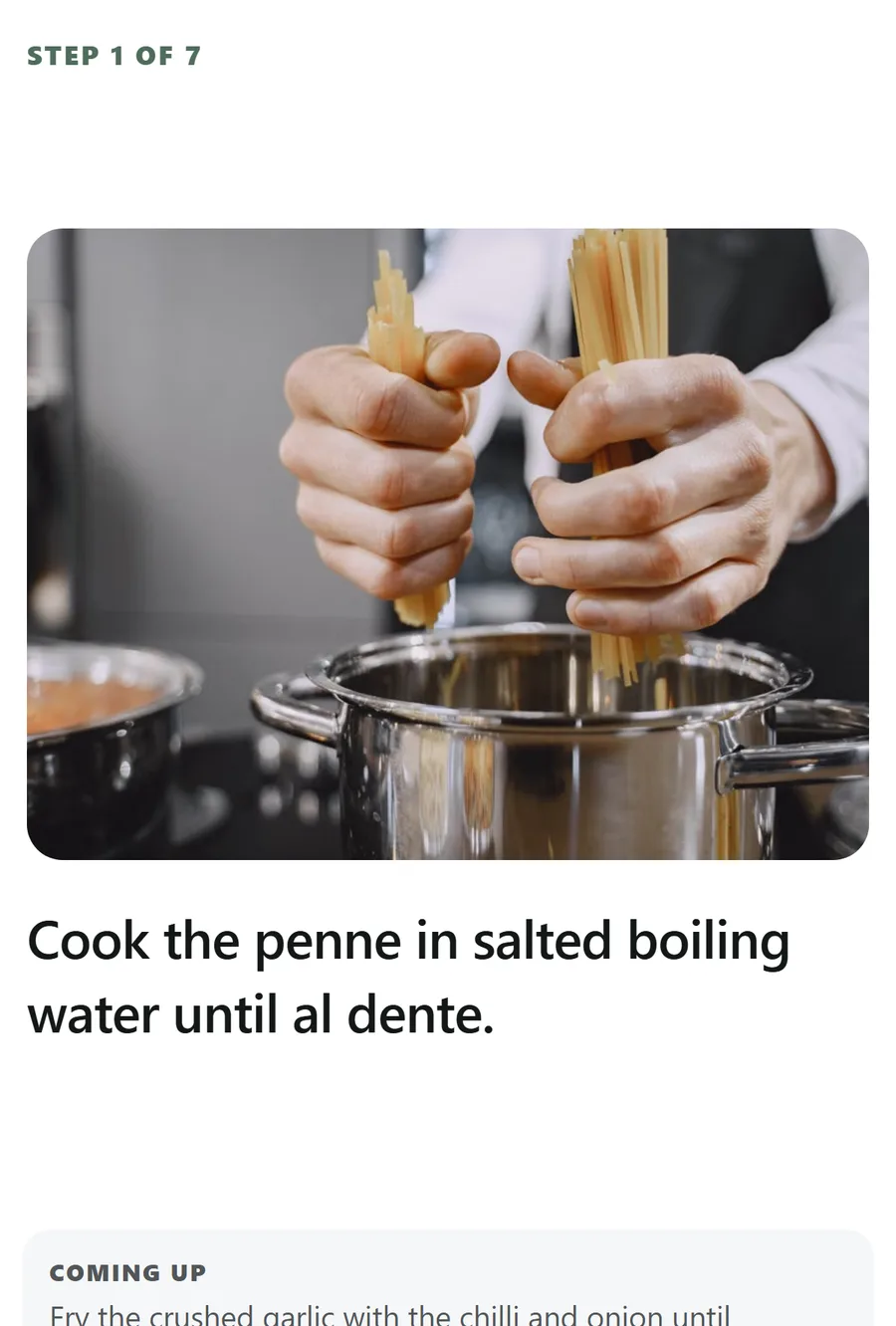 Cook mode showing Step 1 of 7 with a photograph of the step being carried out
